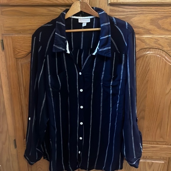 Navy White Button Down Blouse - Picture 1 of 4